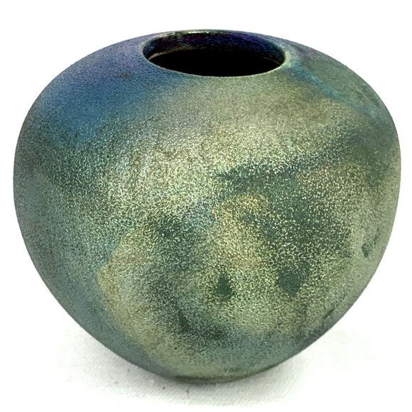 Jeremy Diller Raku Art Pottery Vase Iridescent Metallic Green Signed 2.5" - Picture 3 of 7